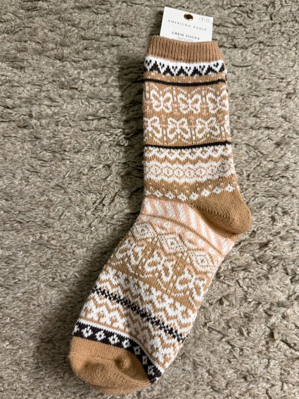 American Eagle Outfitters AE Brown Butterfly Fair Isle Super Soft Crew Socks NWT
